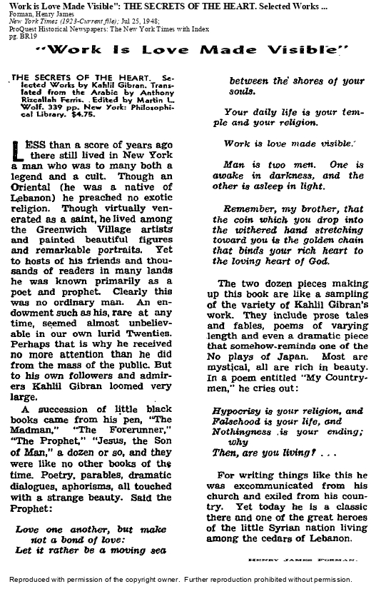 Henry James Forman, Work is Love Made Visible: "The Secrets of the Heart". Selected Works (Review), New York Times, Jul 25, 1948.